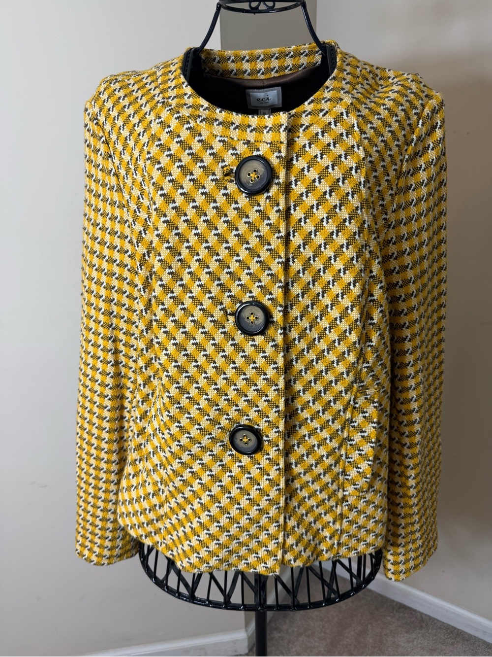 ECI New York Yellow Houndstooth Tweed Blazer
